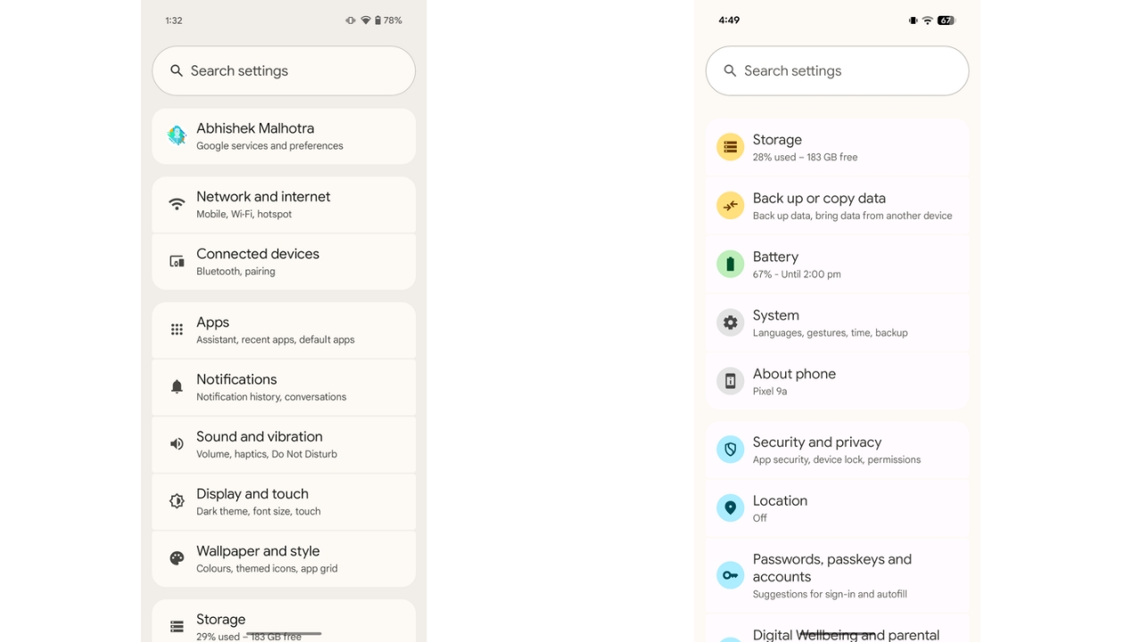 Android 16 QPR1 settings app redesign