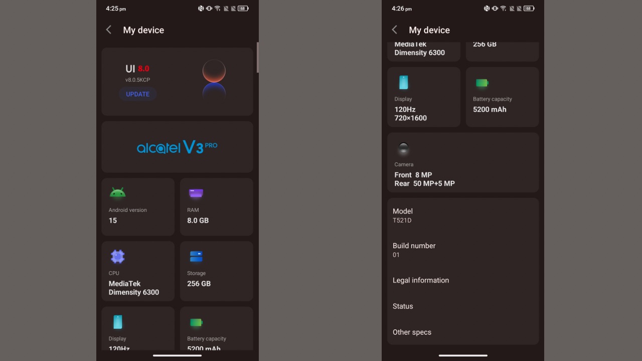 Alcatel v3 pro about page